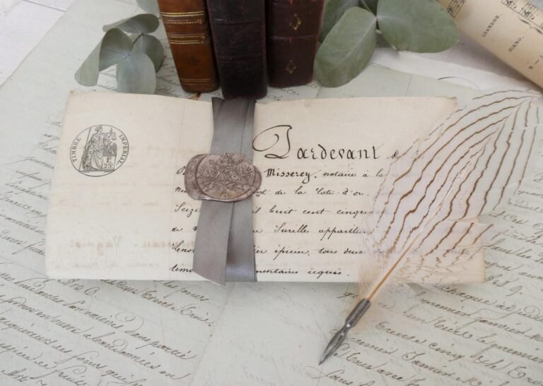 atto notarile con penna e documenti antichi