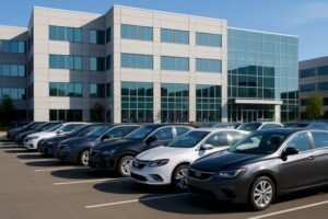 Come funziona il leasing auto usate per chi ha partita IVA 15 auto usate parcheggiate davanti a uffici moderni