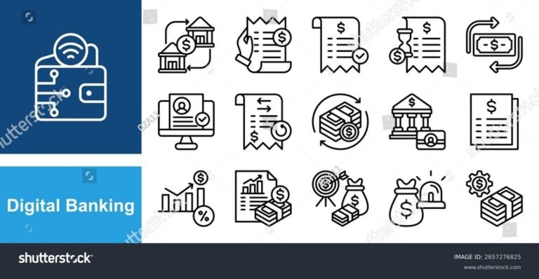 banca con simboli di trasferimento denaro digitale