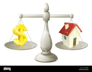 bilancia con casa da un lato e monete dallaltro