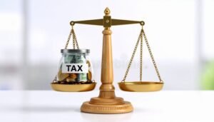 bilancia con soldi e tasse simboliche