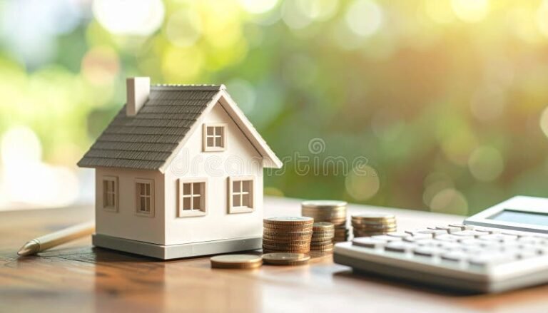 calcolatrice con casa e monete sovrapposte