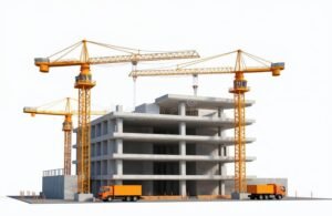 cantiere casa con gru e materiali edilizi