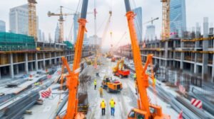 cantiere edile con gru e lavoratori in azione