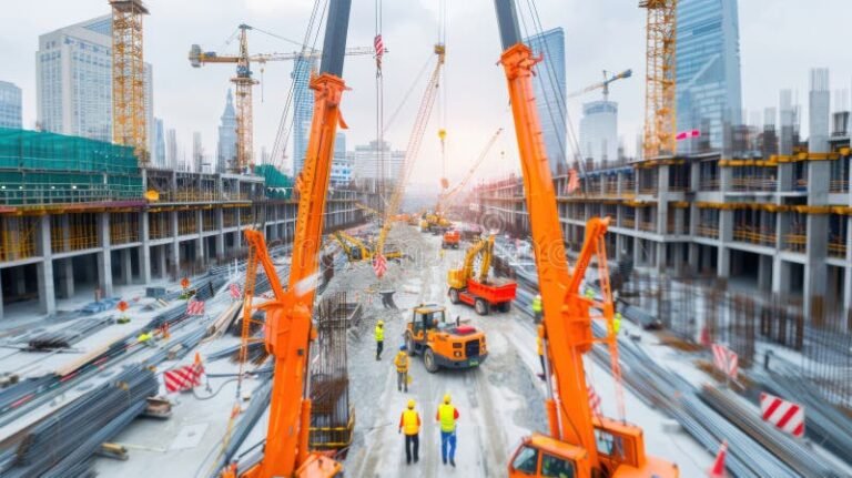 cantiere edile con gru e lavoratori in azione