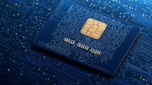 carta di credito con chip e sfondo tecnologico