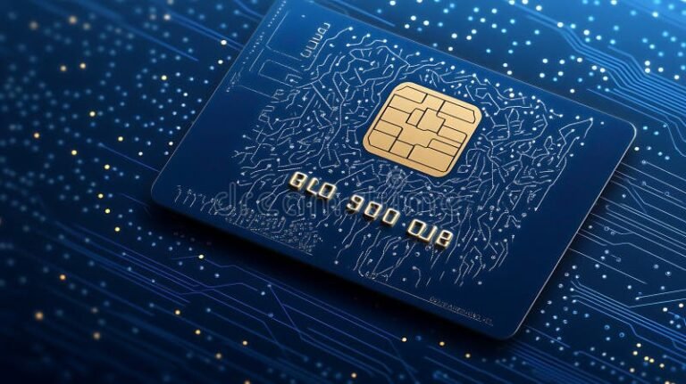 carta di credito con chip e sfondo tecnologico
