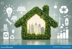 casa ecologica verde con icone energia pulita