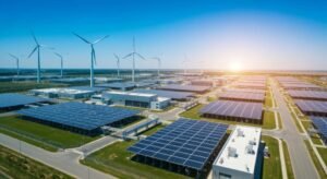 centro energetico con pannelli solari e turbine