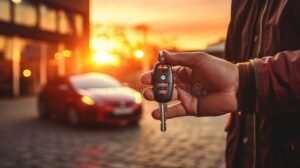 chiavi auto sulla mano con veicolo sullo sfondo