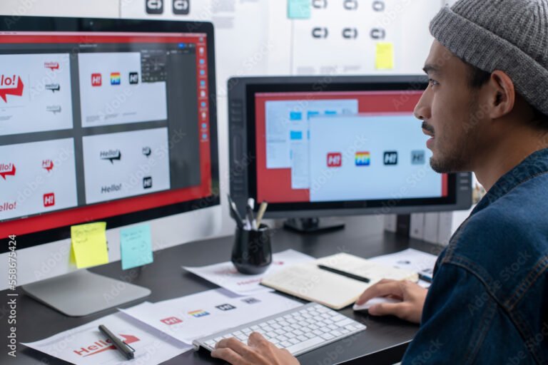 designer che lavora su computer con schizzi