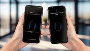 due smartphone android con freccia di trasferimento dati