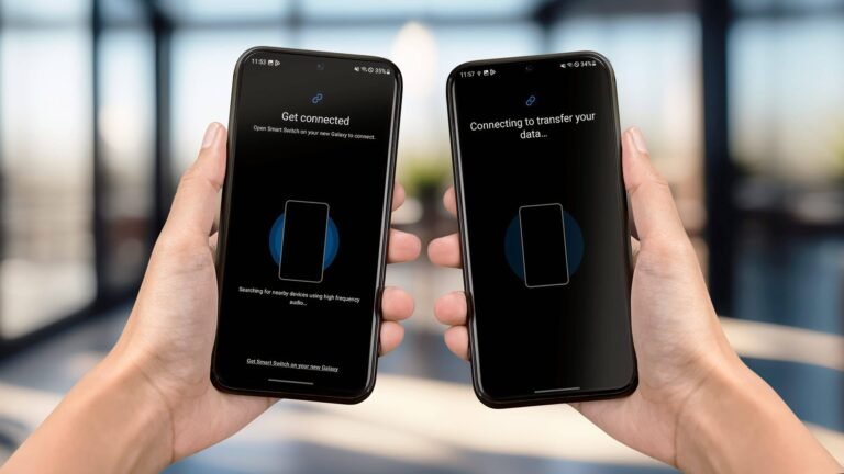 due smartphone android con freccia di trasferimento dati