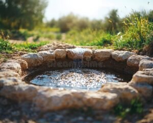 fontana in pietra naturale nel giardino lussureggiante