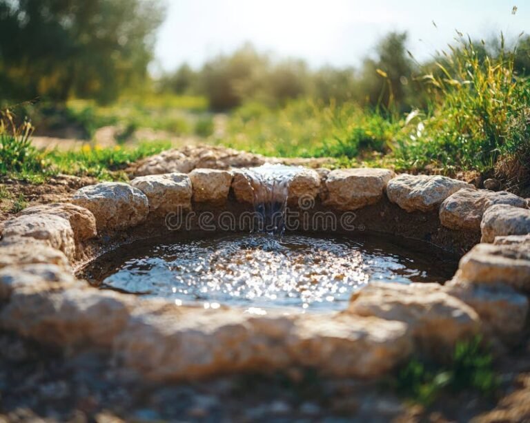 fontana in pietra naturale nel giardino lussureggiante