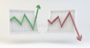 grafico azionario con freccia crescente e dividendi