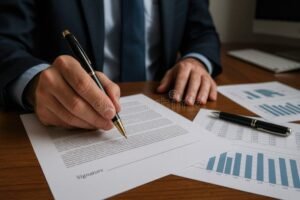 imprenditore che firma contratto con documento finanziario