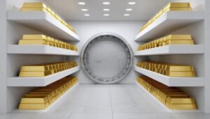 lingotti doro lucenti con banca sullo sfondo