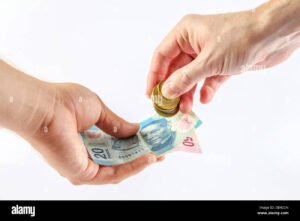 mani che scambiano monete davanti a bank