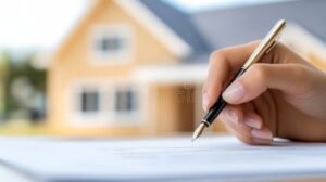 mano che firma contratto mutuo con casa sullo sfondo 1