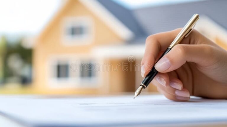 mano che firma contratto mutuo con casa sullo sfondo 1