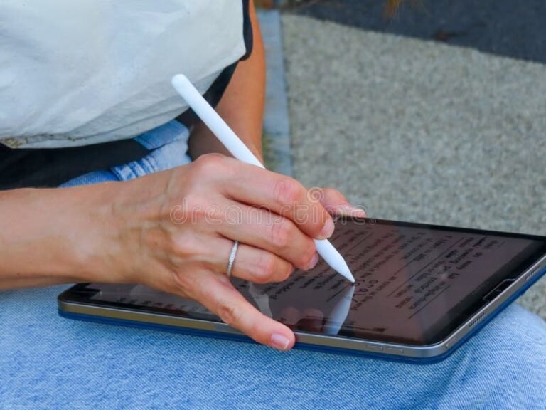 mano che scrive su tablet con stilo