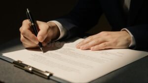 mano che scrive un documento legale elegante