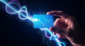 mano che tiene carta di credito digitale luminosa
