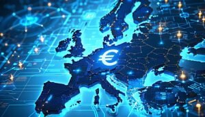 mappa europa con simboli banche digitali