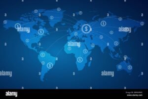 mappa mondiale con simboli di bonifico bancario