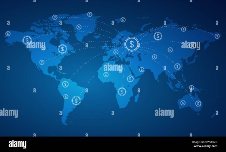 mappa mondiale con simboli di bonifico bancario