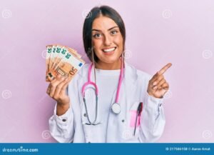 medico sorridente con banconote e simbolo euro
