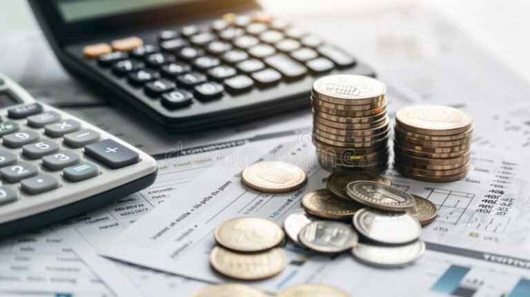 monete e calcolatrice su documento finanziario