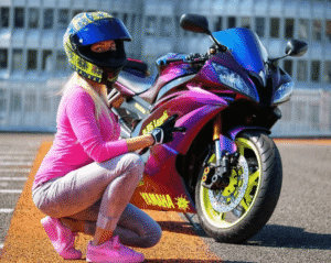 motociclista con casco e foglio rosa visibile