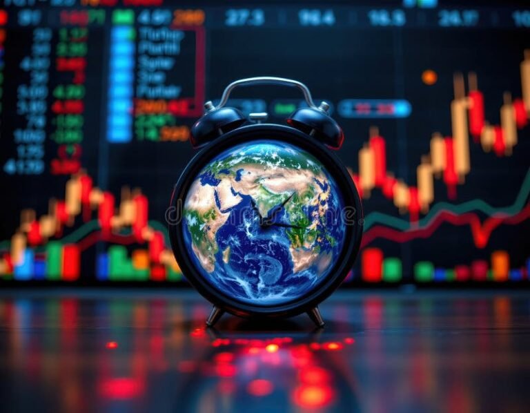 orologio con sfondo borsa valori internazionale