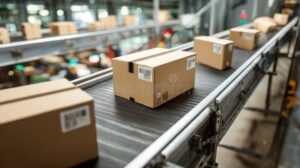 pacchi in movimento su nastro trasportatore