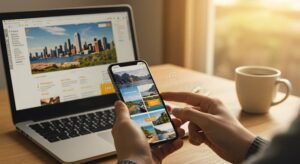 persona al computer con siti di prenotazione aperti