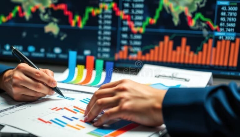 persona che analizza grafici di borsa colorati