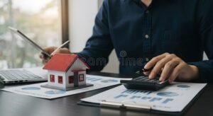 persona che calcola spese con grafici e calcolatrice