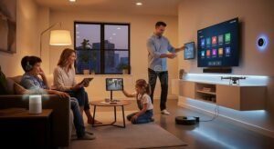 persone felici con nuova smart tv moderna