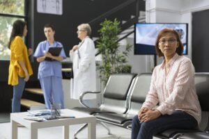 policlinico moderno con pazienti asiatici in attesa