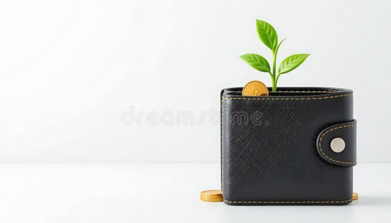 portafoglio con monete e pianta che cresce