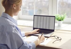 professionista con laptop e documenti contabili