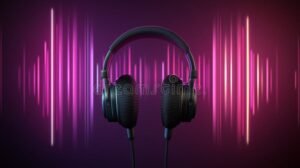 radio con cuffie e onde radio colorate