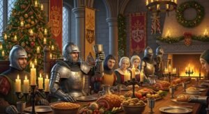 scena medievale con donne cavalieri e mercanti