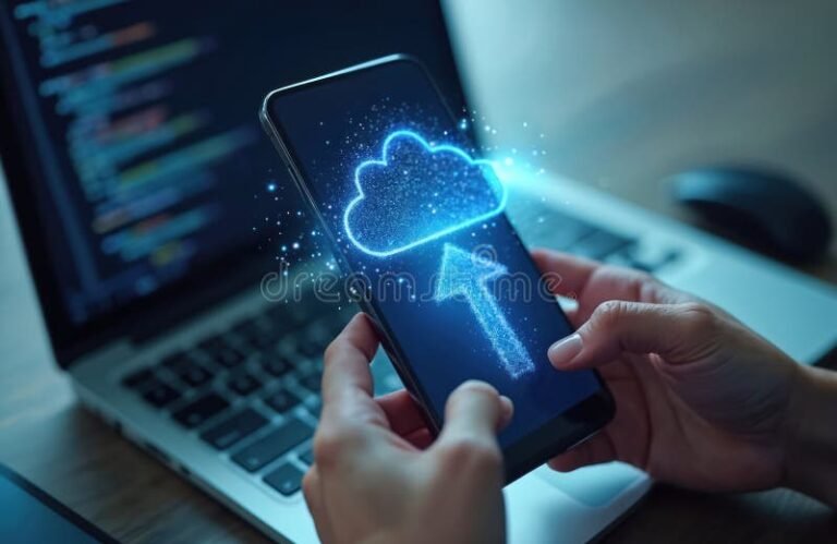 smartphone con icone di trasferimento dati visible