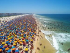 spiaggia affollata con mare e ombrelloni colorati