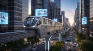 treni e autobus tra grattacieli iconici