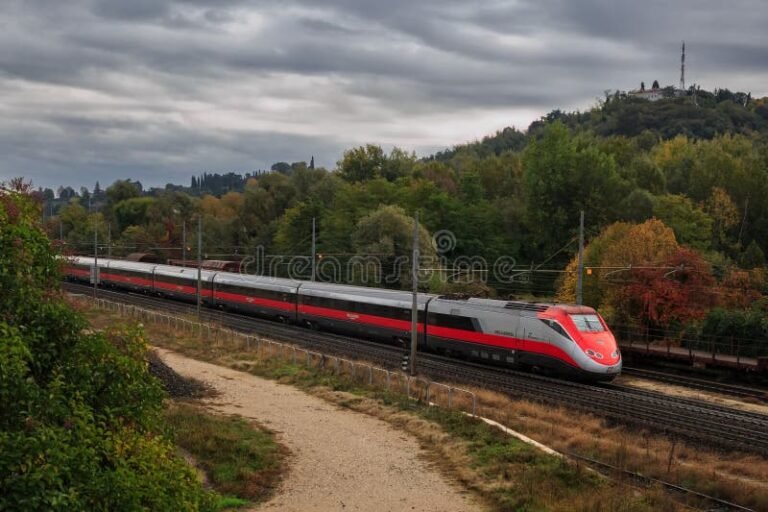 treno moderno che viaggia tra campagne italiane