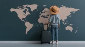 viaggiatore con valigia e mappa globale